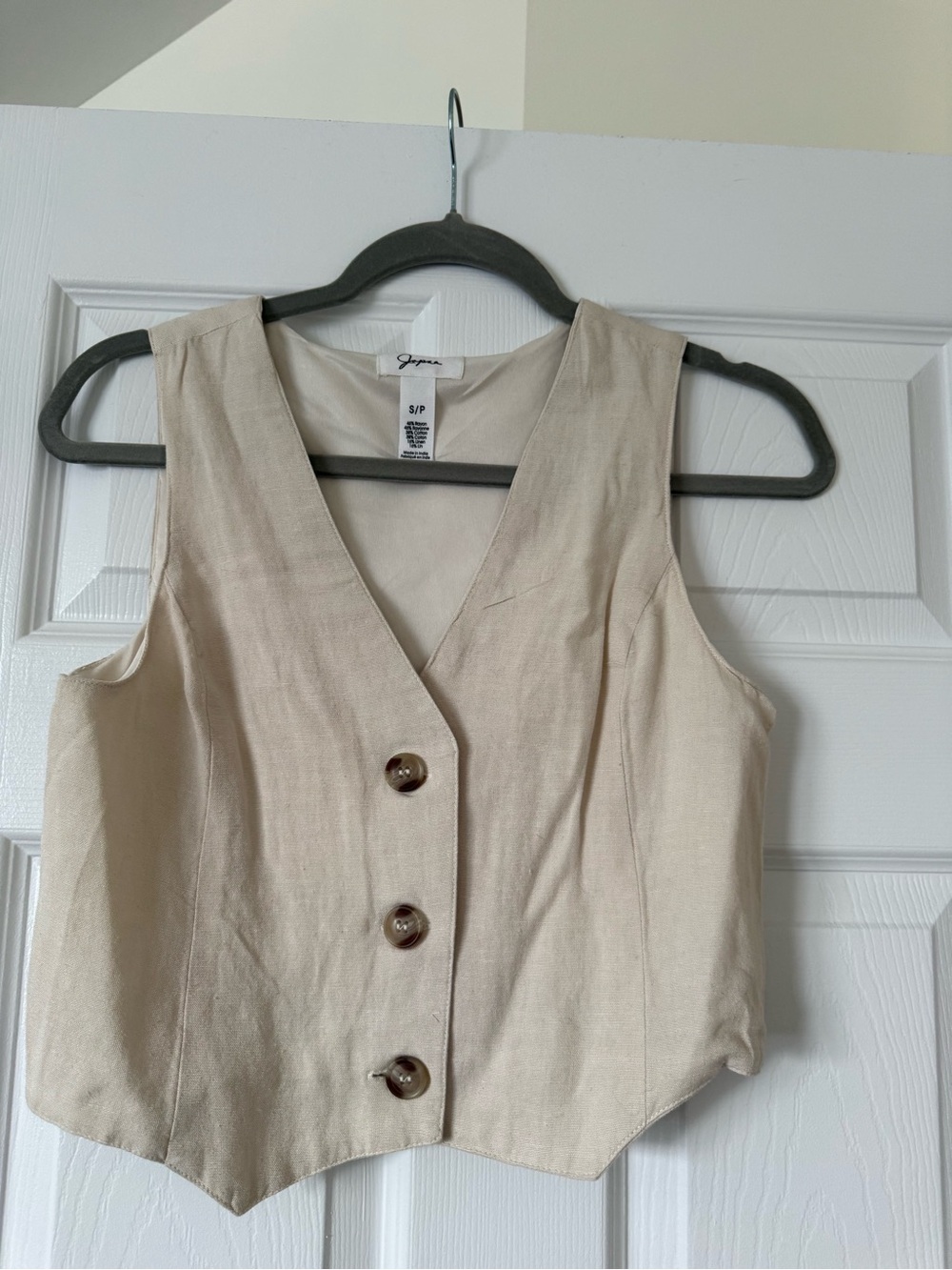 Joan Vass Beige Linen-Blend Button Front Vest